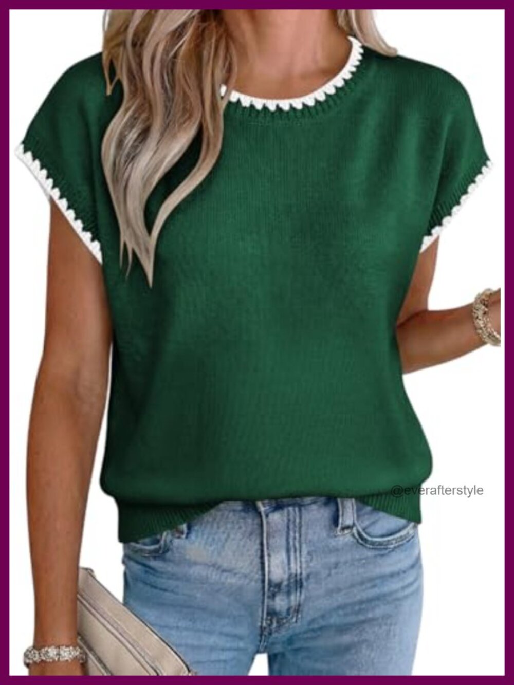 Short Sleeve Knit Sweater Top Ruffle Trim Crew Neck Women's